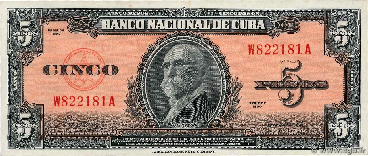 5 Pesos CUBA  1950 P.078b AU