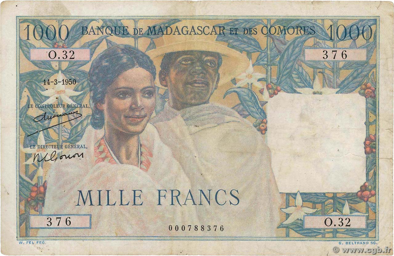 1000 Francs MADAGASCAR  1951 P.048a VF