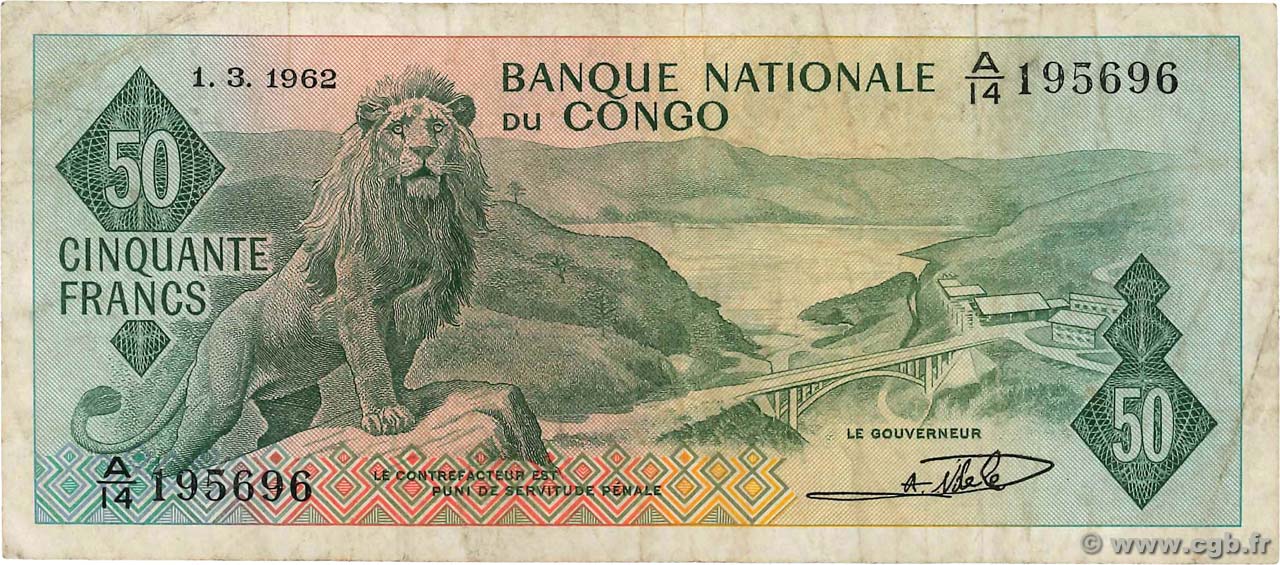 50 Francs REPUBBLICA DEMOCRATICA DEL CONGO  1962 P.005a BB