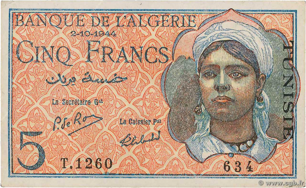 5 Francs TUNESIEN  1944 P.16 VZ+