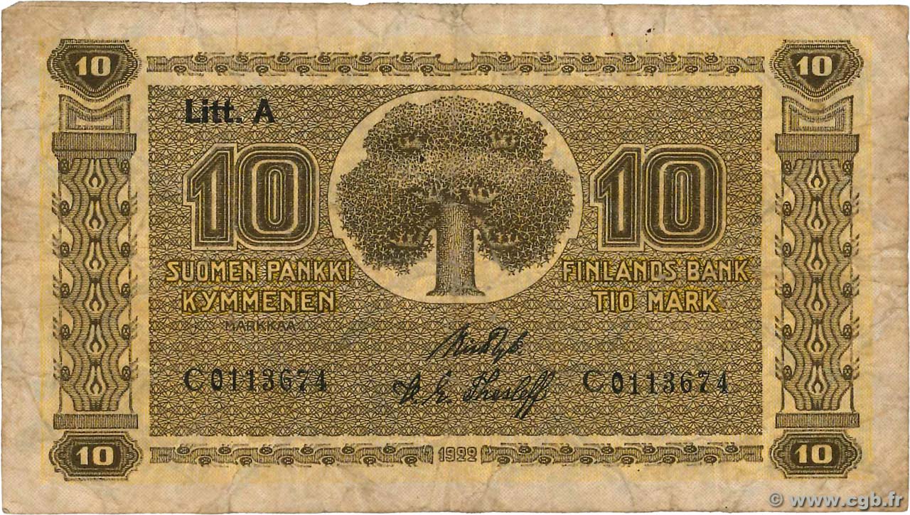 10 Markkaa FINLAND  1922 P.050a F