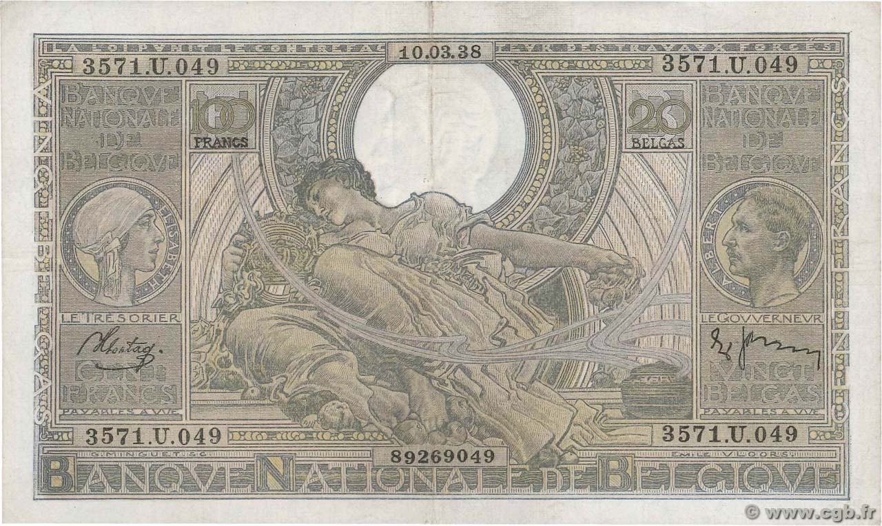 100 Francs - 20 Belgas BÉLGICA  1938 P.107 MBC