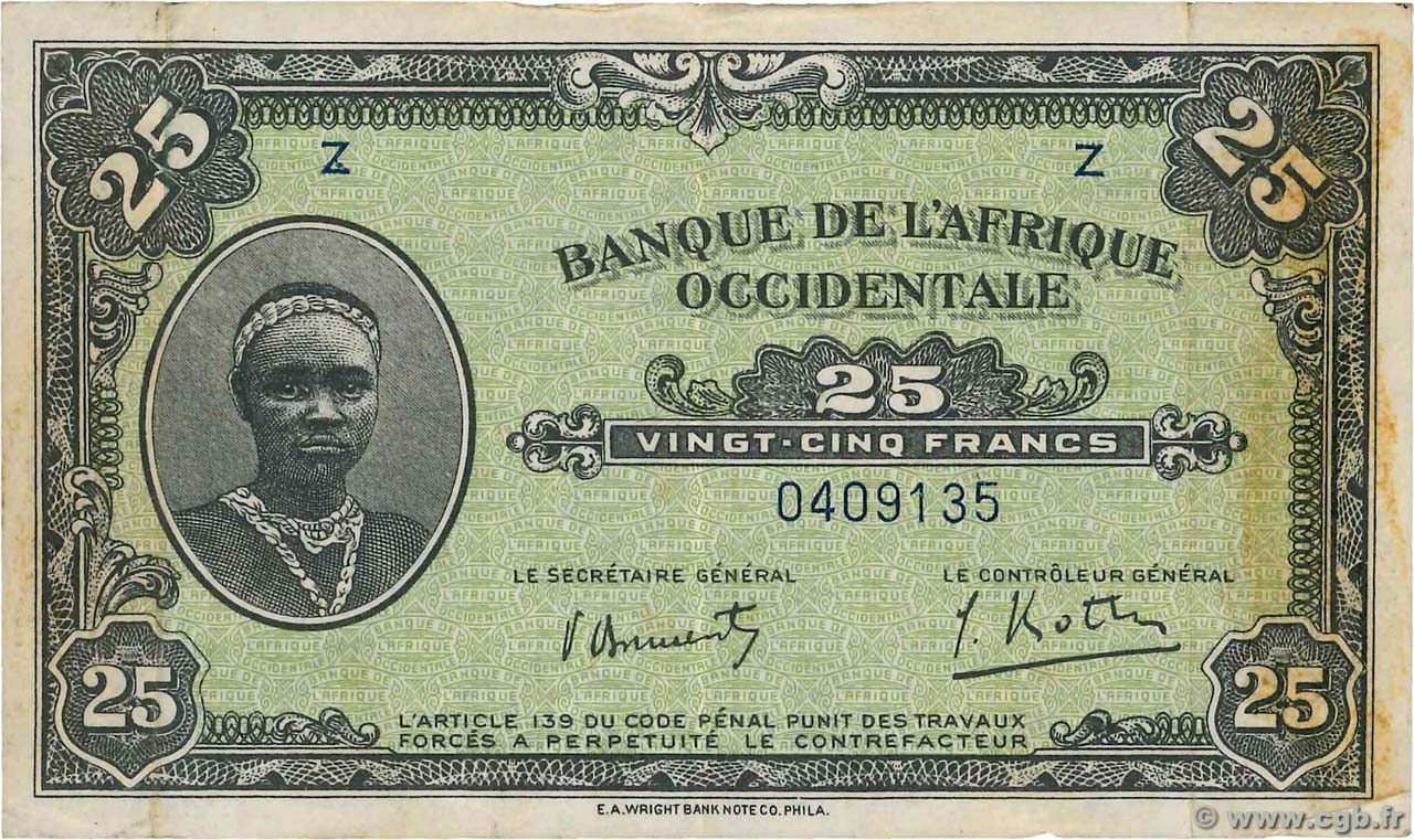 25 Francs FRENCH WEST AFRICA (1895-1958)  1942 P.30a VF