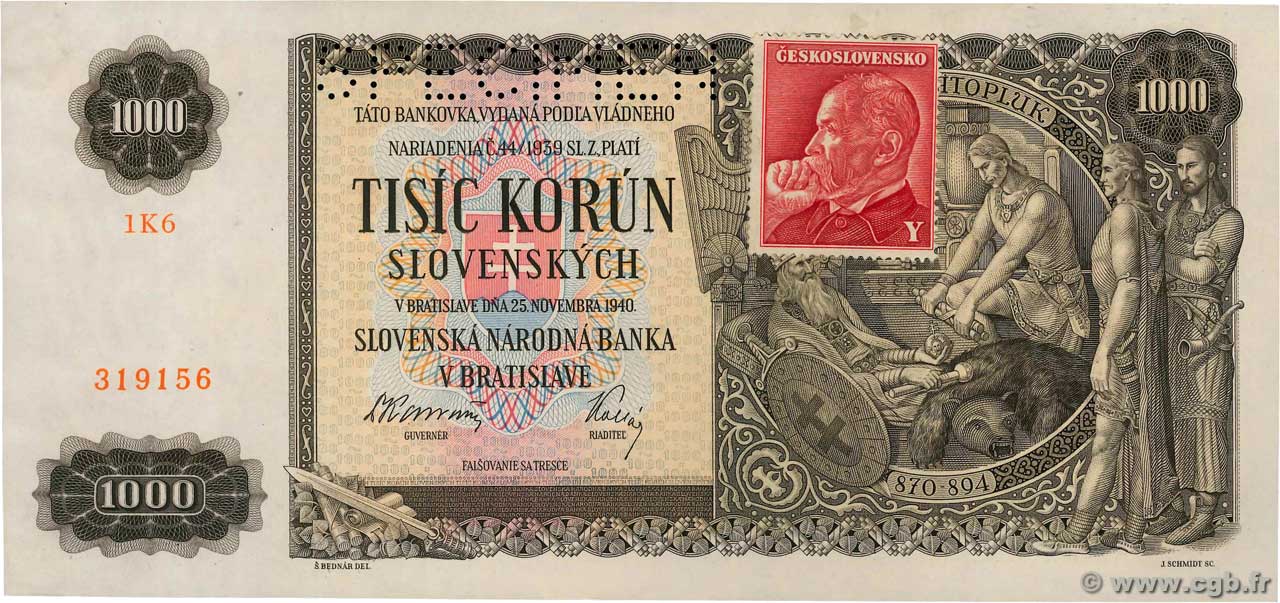 1000 Korun Spécimen TSCHECHOSLOWAKEI  1945 P.056s fST