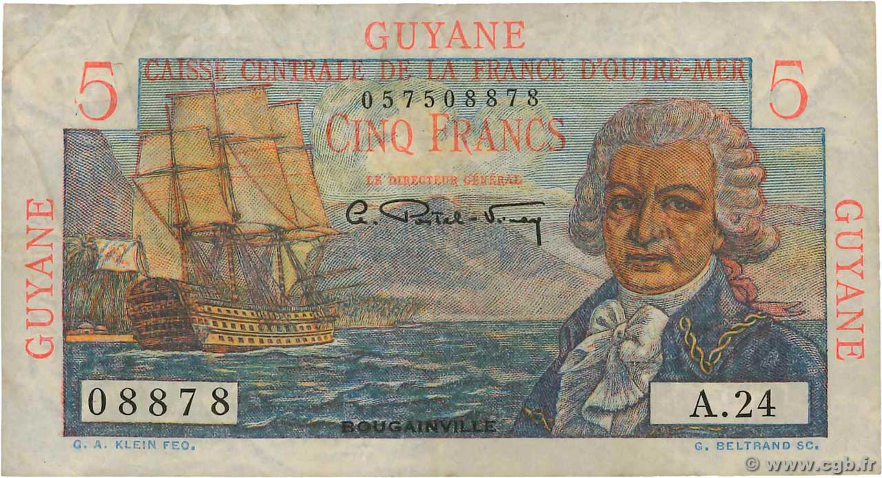 5 Francs Bougainville FRENCH GUIANA  1946 P.19a F