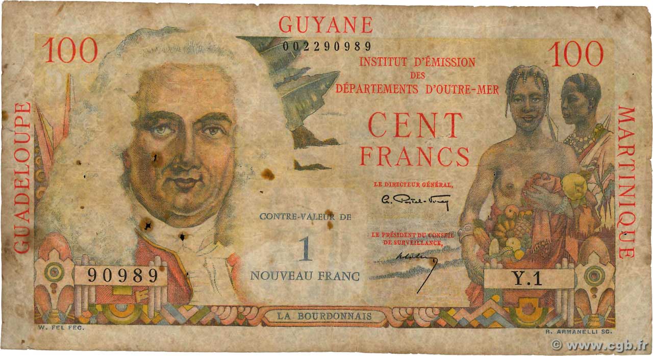 1 NF sur 100 Francs La Bourdonnais FRENCH ANTILLES  1960 P.01 q.MB