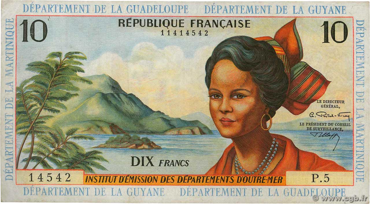 10 Francs FRENCH ANTILLES  1964 P.08b MBC