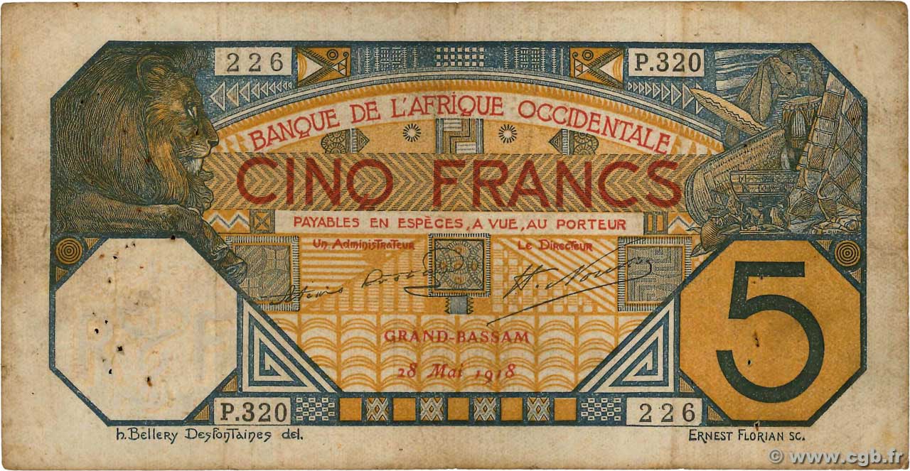 5 Francs GRAND-BASSAM FRENCH WEST AFRICA Grand-Bassam 1918 P.05Db q.MB