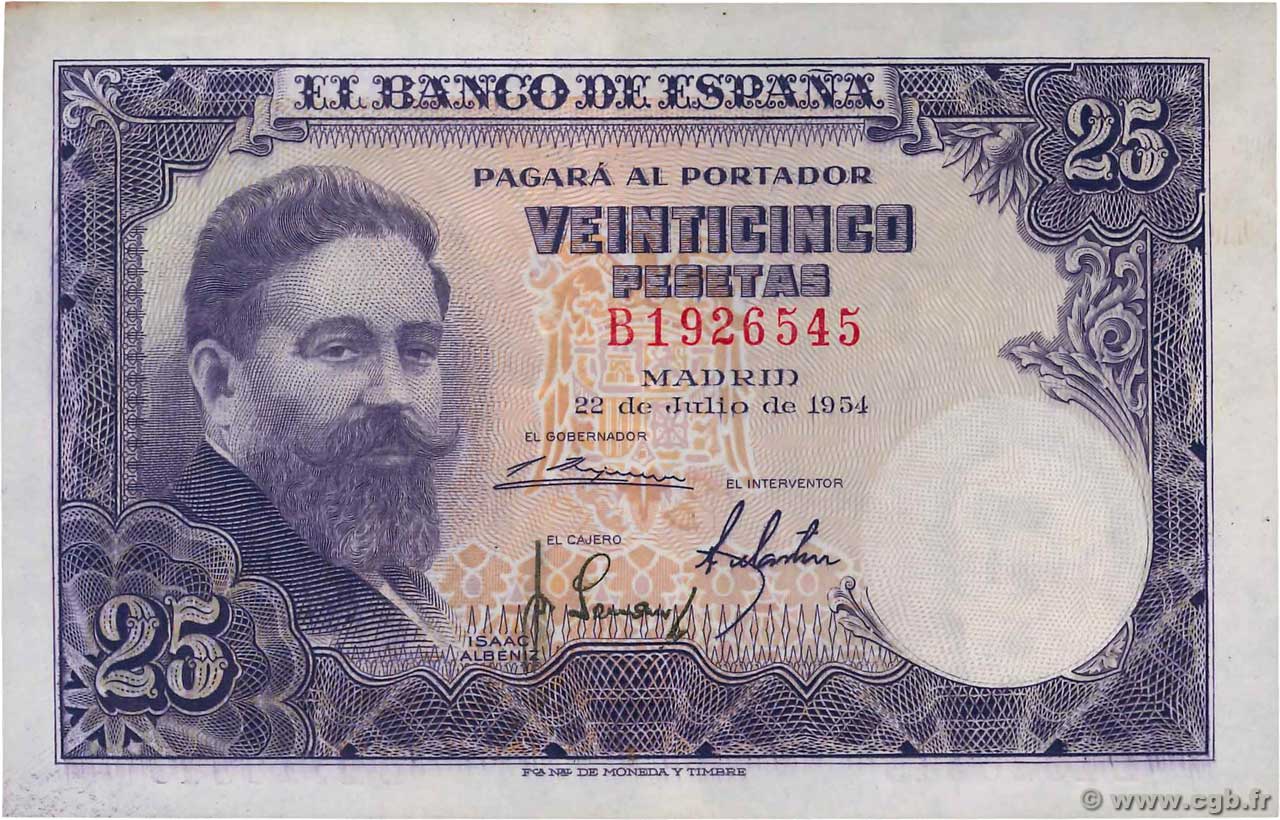 25 Pesetas SPANIEN  1954 P.147a VZ