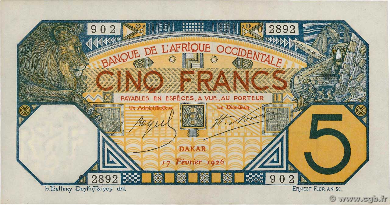 5 Francs DAKAR AFRIQUE OCCIDENTALE FRANÇAISE (1895-1958) Dakar 1926 P.05Bc pr.NEUF