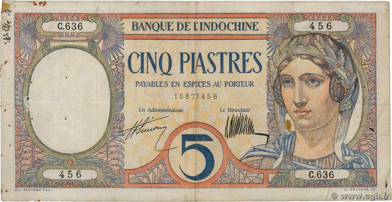 5 Piastres INDOCHINE FRANÇAISE  1926 P.049b TB