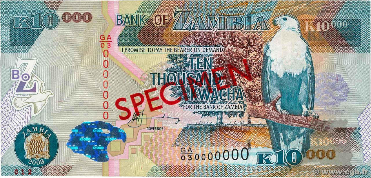 10000 Kwacha Spécimen ZAMBIE  2003 P.46s SUP