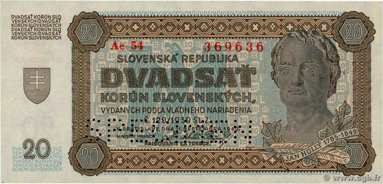 20 Korun Spécimen SLOVACCHIA  1942 P.07s FDC