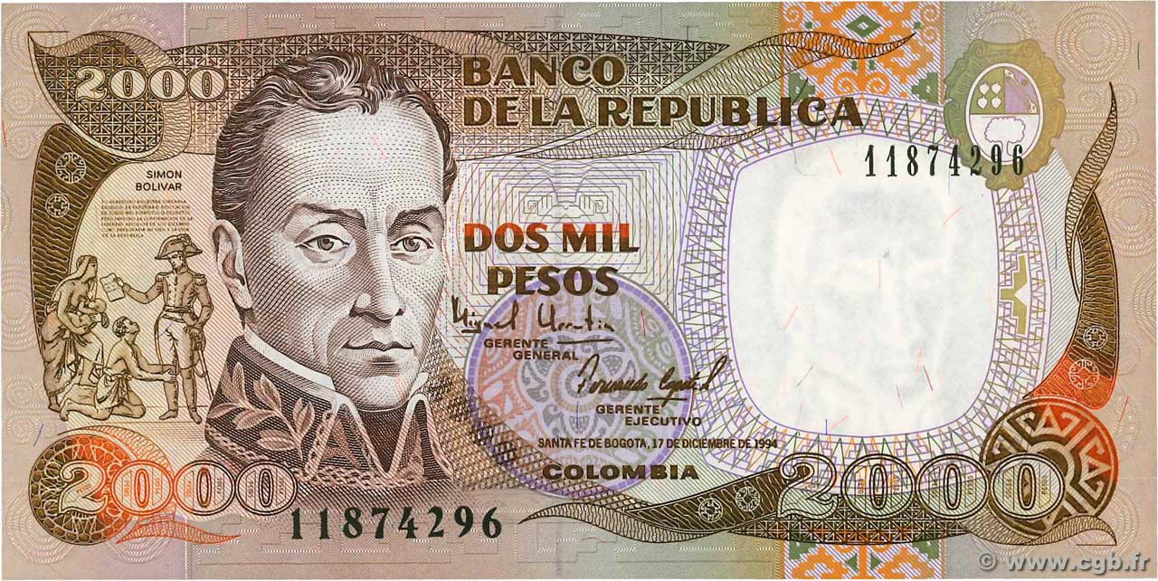 2000 Pesos COLOMBIA  1994 P.439b FDC