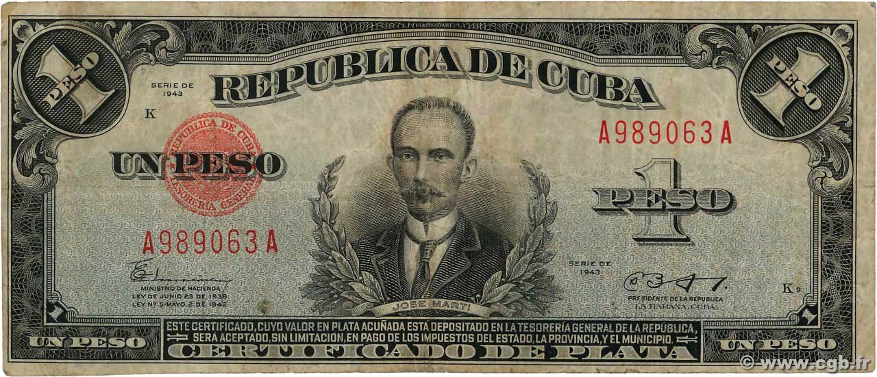 1 Peso CUBA  1943 P.069e F