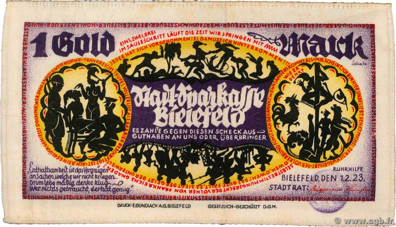 1 Gold  Mark ALLEMAGNE Bielefeld 1923  SUP
