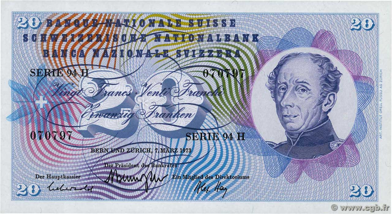 20 Francs SUISSE  1973 P.46u pr.NEUF