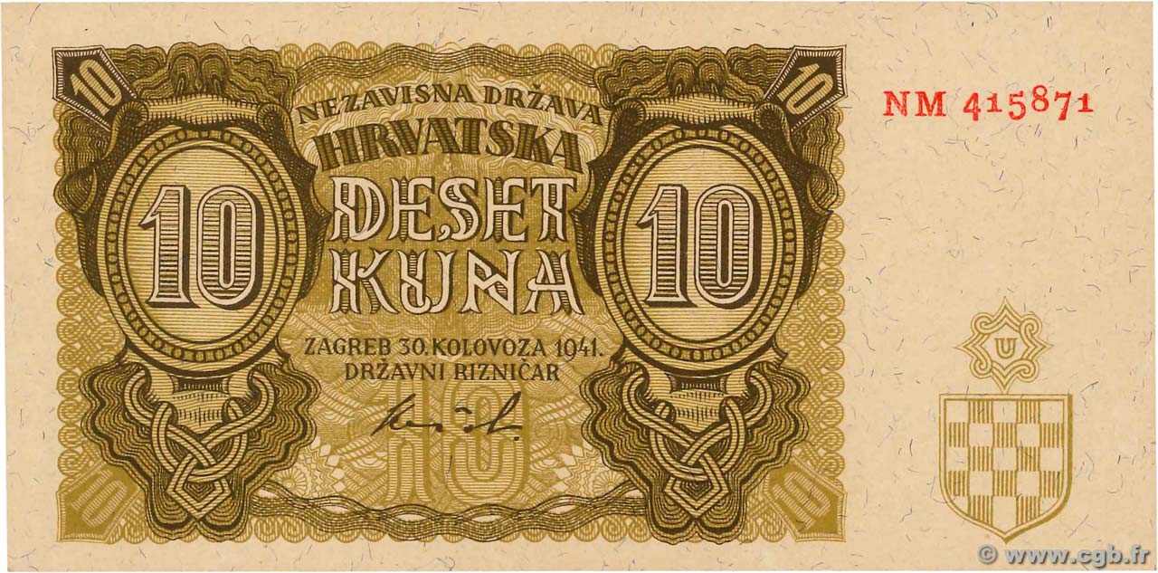 10 Kuna CROATIA  1941 P.05b UNC-