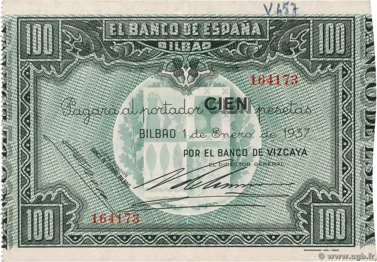 100 Pesetas Spain Bilbao 1937 Ps 565f B92 8007 Banknotes