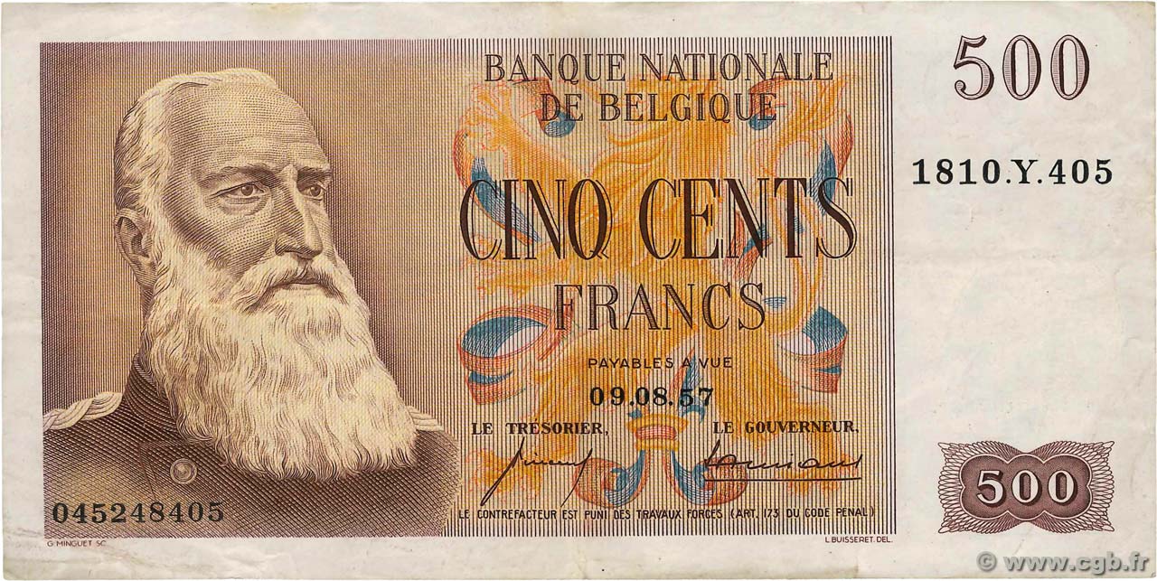 500 Francs BELGIQUE  1957 P.130 TTB