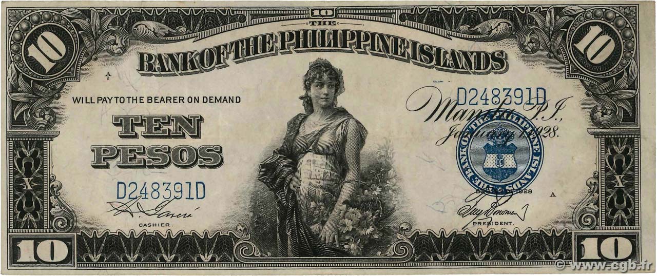 10 Pesos PHILIPPINES  1928 P.017 VF