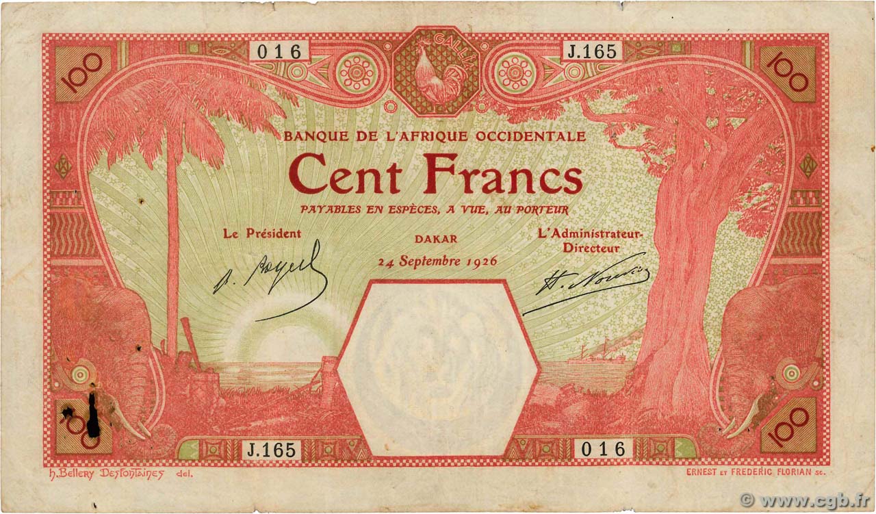 100 Francs DAKAR FRENCH WEST AFRICA Dakar 1926 P.11Bb MBC