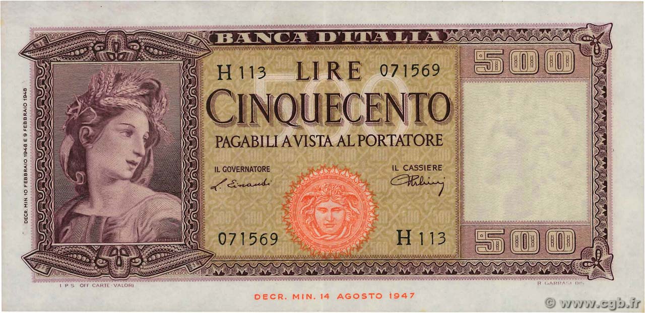 500 Lire ITALIE  1948 P.080a SUP