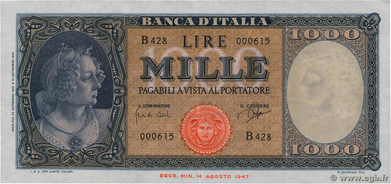 1000 Lire ITALIE  1961 P.088d TTB+