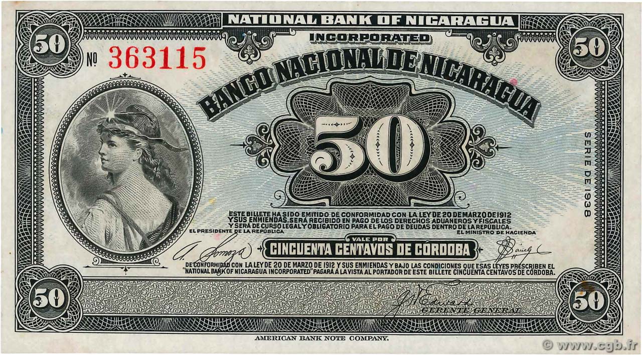 50 Centavos NICARAGUA  1938 P.089a EBC