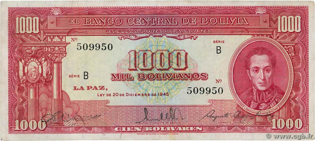 1000 Bolivianos BOLIVIA  1945 P.144 MBC+