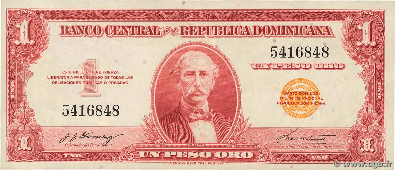 1 Peso Oro RÉPUBLIQUE DOMINICAINE  1962 P.091a TTB