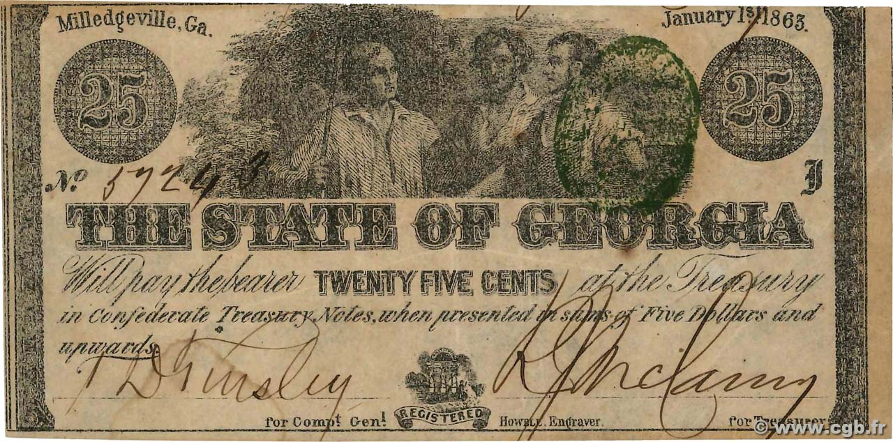 25 Cents ÉTATS-UNIS D AMÉRIQUE Milledgeville 1863 PS.0861 TTB