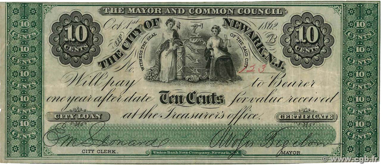 10 Cents VEREINIGTE STAATEN VON AMERIKA Newark 1862  SS