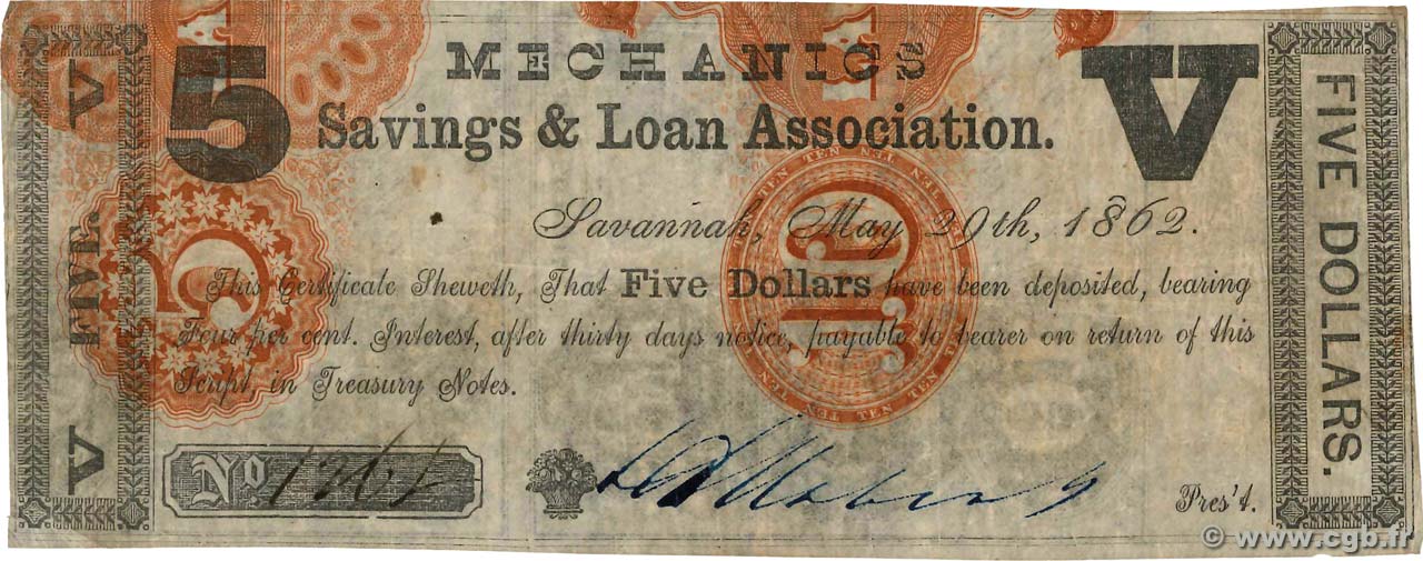 5 Dollars ÉTATS-UNIS D AMÉRIQUE Savannah 1862  TB