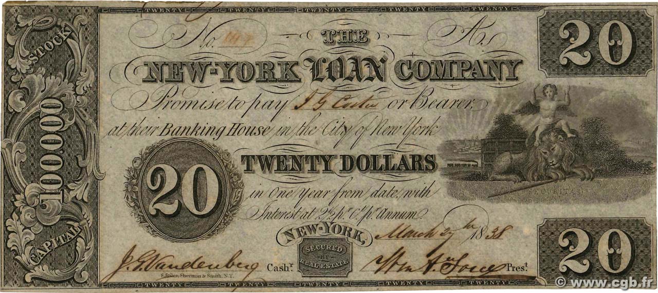 20 Dollars UNITED STATES OF AMERICA New York 1838  AU