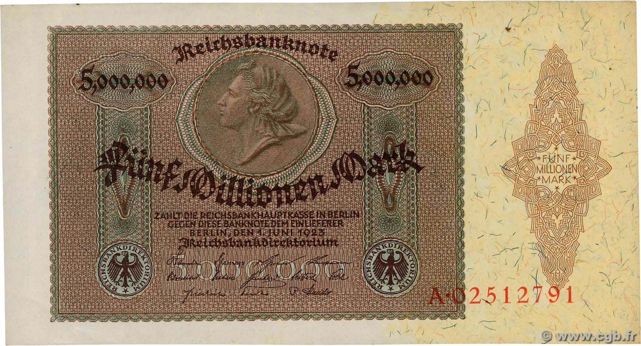 5 Millionen Mark GERMANY  1923 P.090 XF