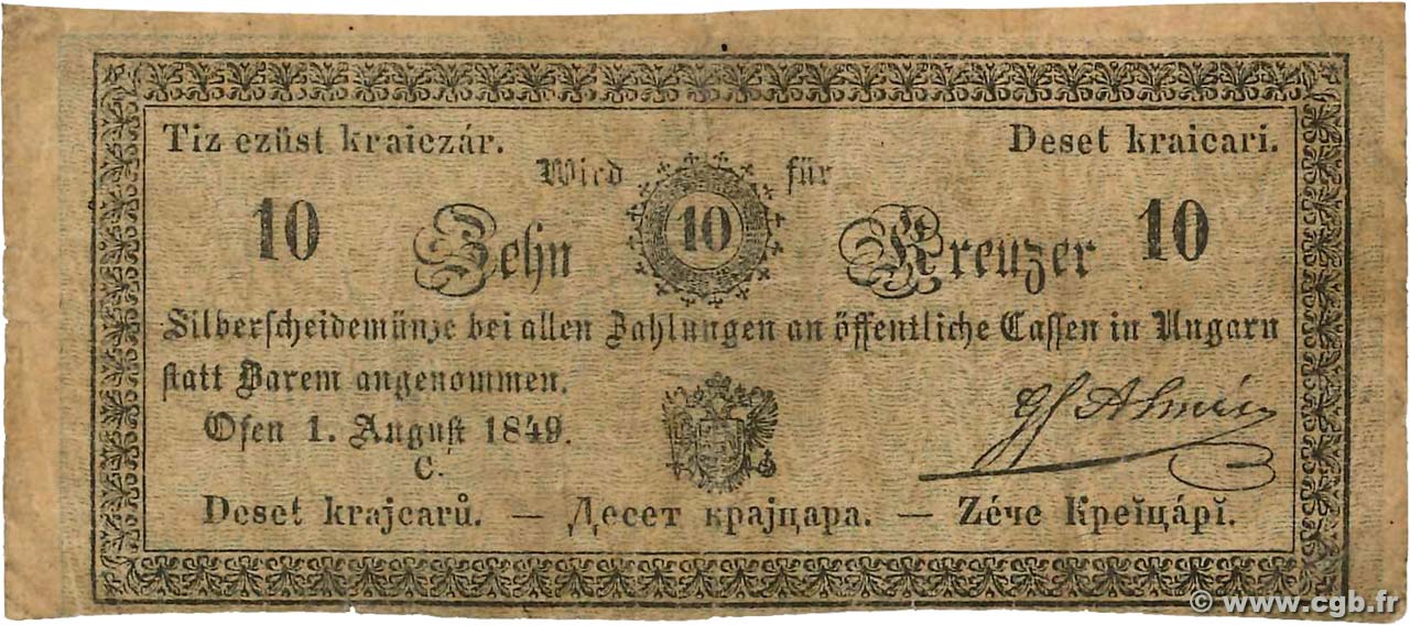 10 Kreuzer AUSTRIA  1849 P.A092 VF