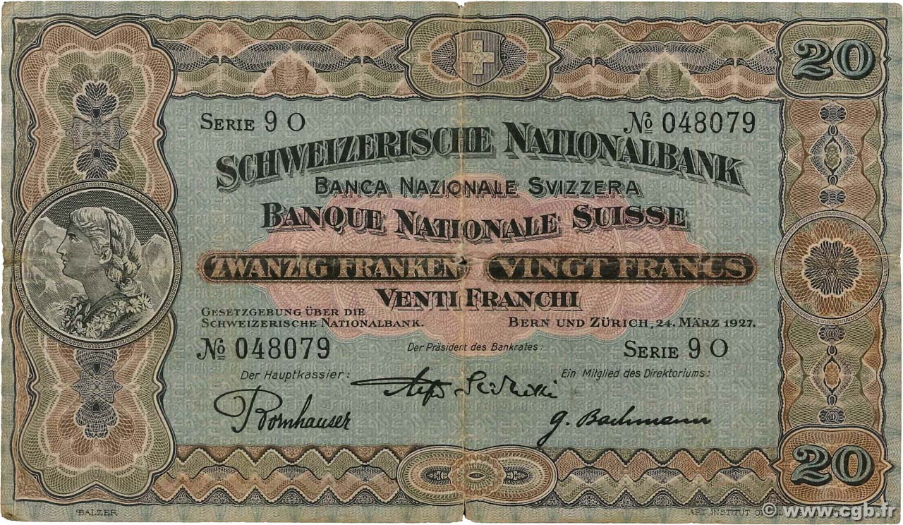20 Francs SUISSE  1927 P.33d F-