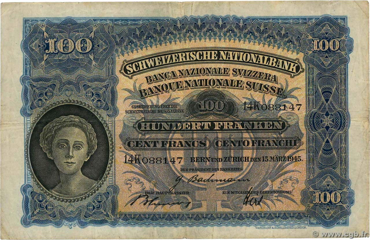 100 Francs SWITZERLAND  1945 P.35s VF