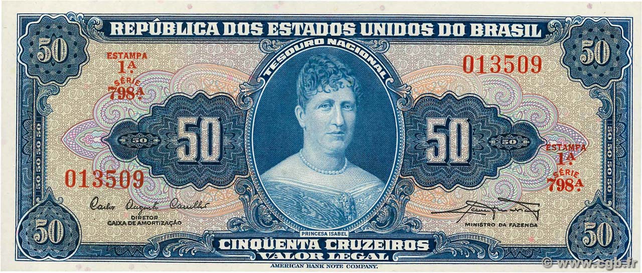 50 Cruzeiros BRAZIL  1961 P.169a UNC