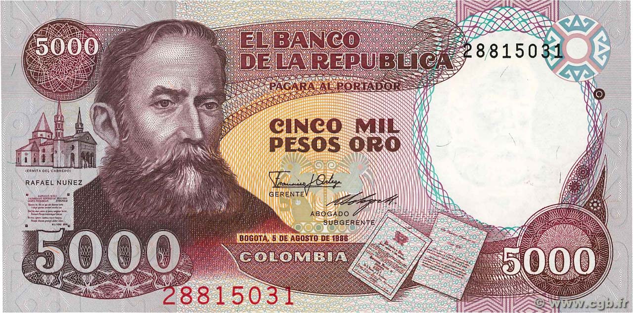5000 Pesos Oro COLOMBIA  1986 P.434a UNC-