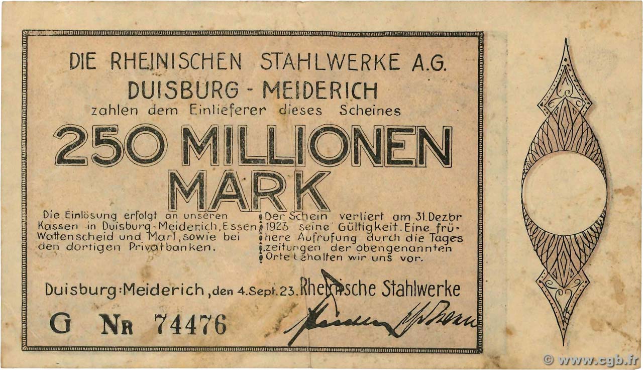 250 Millionen Mark ALLEMAGNE Duisburg-Meiderich 1923  TTB