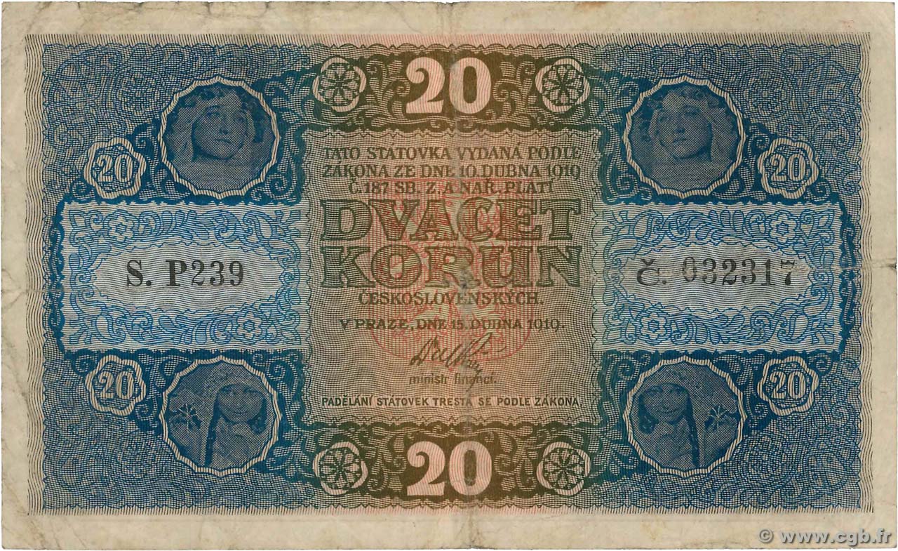 20 Korun CZECHOSLOVAKIA  1919 P.009a F
