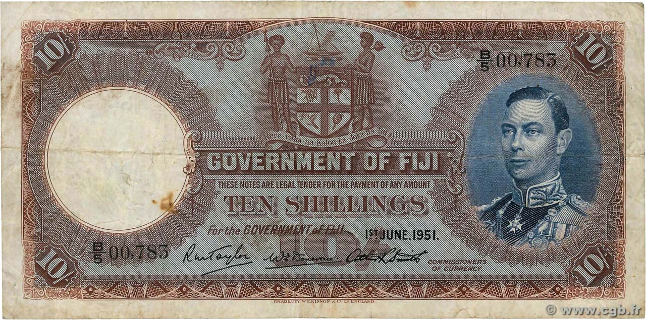10 Shillings FIDSCHIINSELN  1951 P.038k fSS