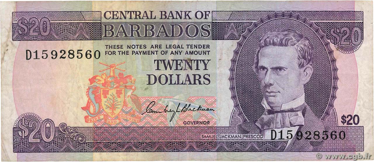 20 Dollars BARBADOS  1973 P.34a BC