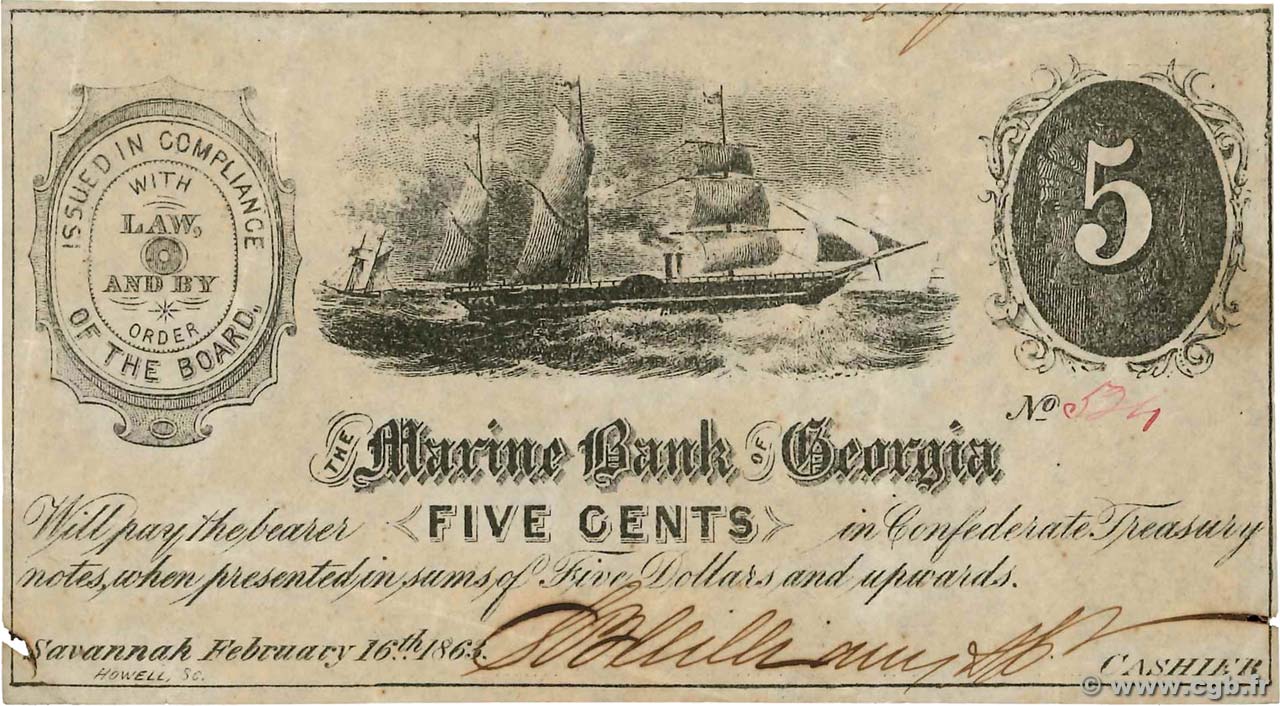 5 Cents ÉTATS-UNIS D AMÉRIQUE Savannah 1863  TTB