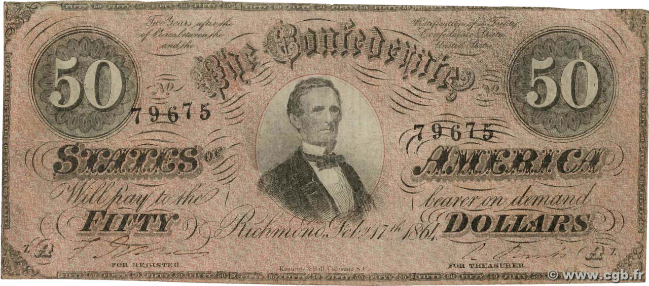 50 Dollars ÉTATS CONFÉDÉRÉS D AMÉRIQUE Richmond 1864 P.70 TB