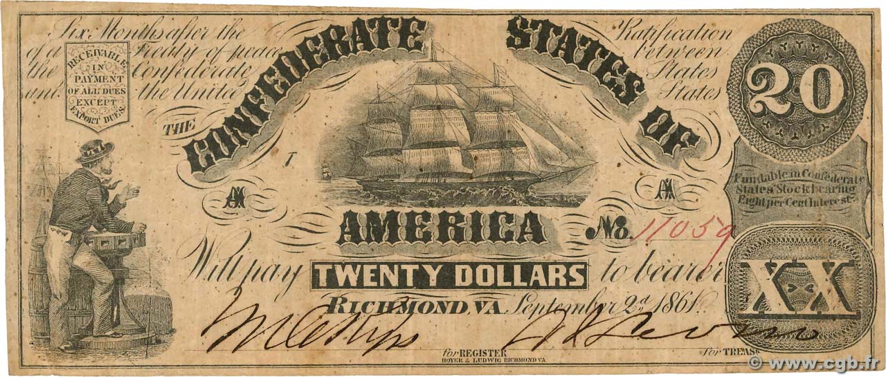 20 Dollars ÉTATS CONFÉDÉRÉS D AMÉRIQUE Richmond 1861 P.31 TB