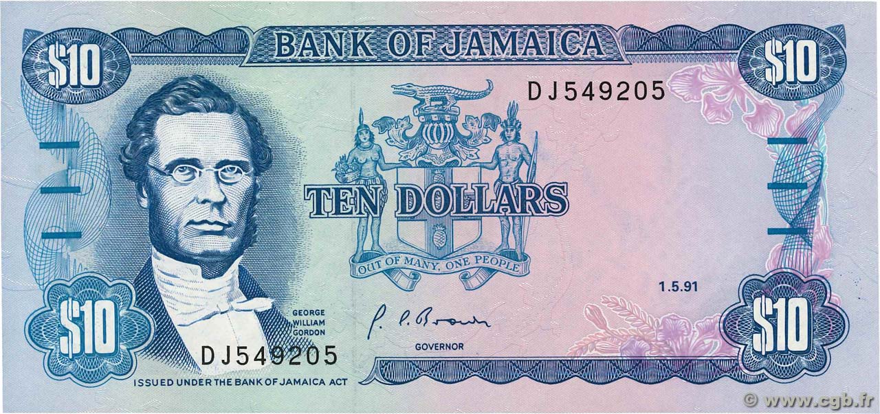 10 Dollars JAMAICA  1991 P.71d UNC