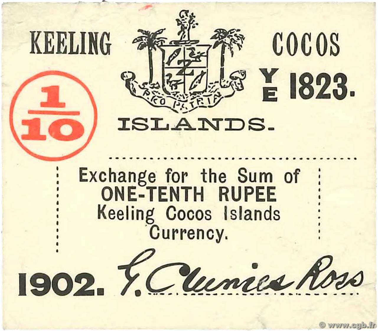 1/10 Rupee ÎLES KEELING COCOS  1902 PS.123 TTB